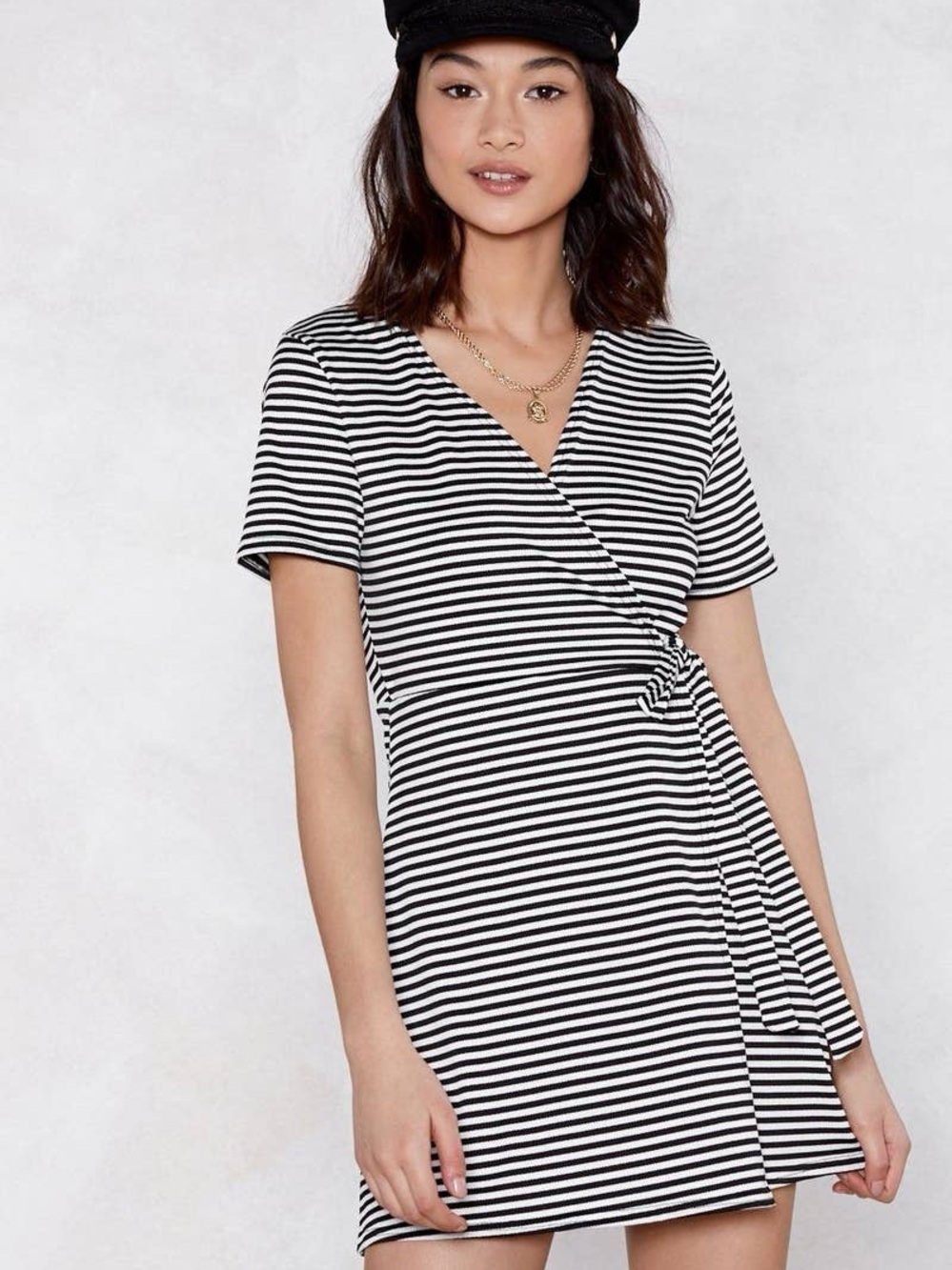 Nasty Gal Black and White Striped Wrap Dress